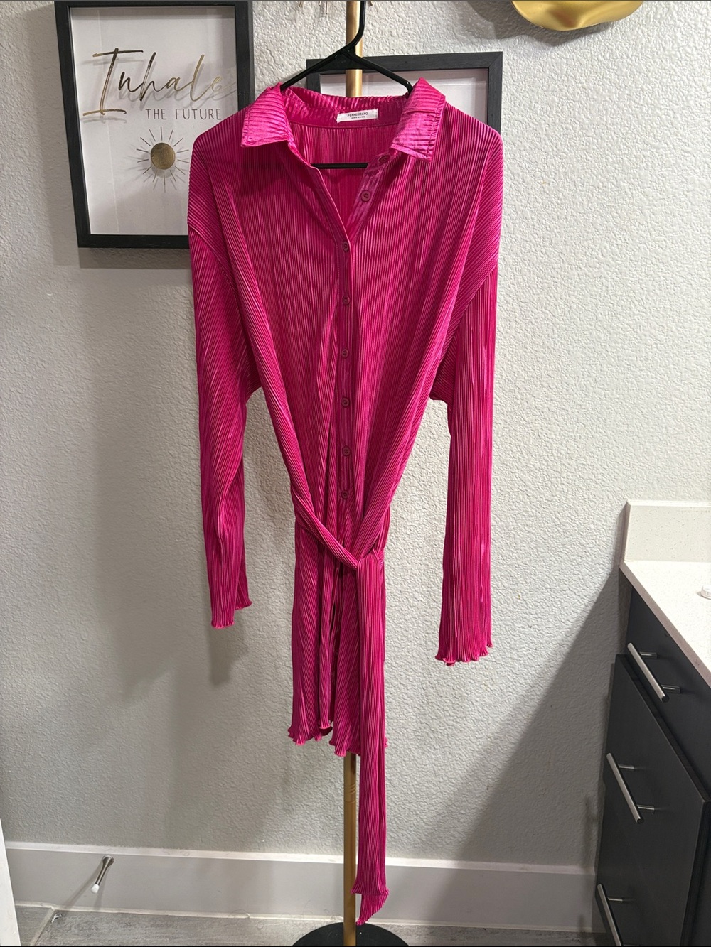 Peppermayo Hot Pink Pleated Button-Front Mini Dress with Waist Tie